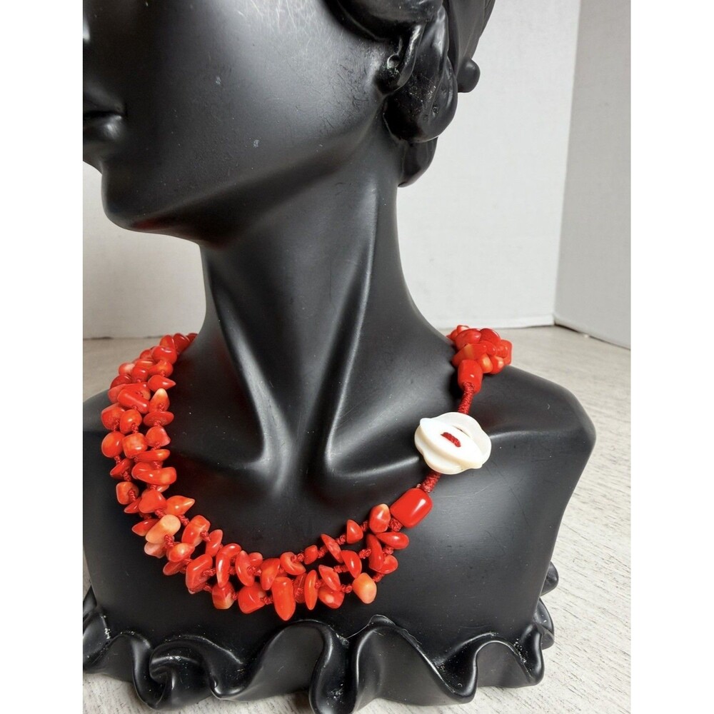 Multi Strand Natural Red Coral Branch Bead Necklace Carved Mother of Pearl Clasp